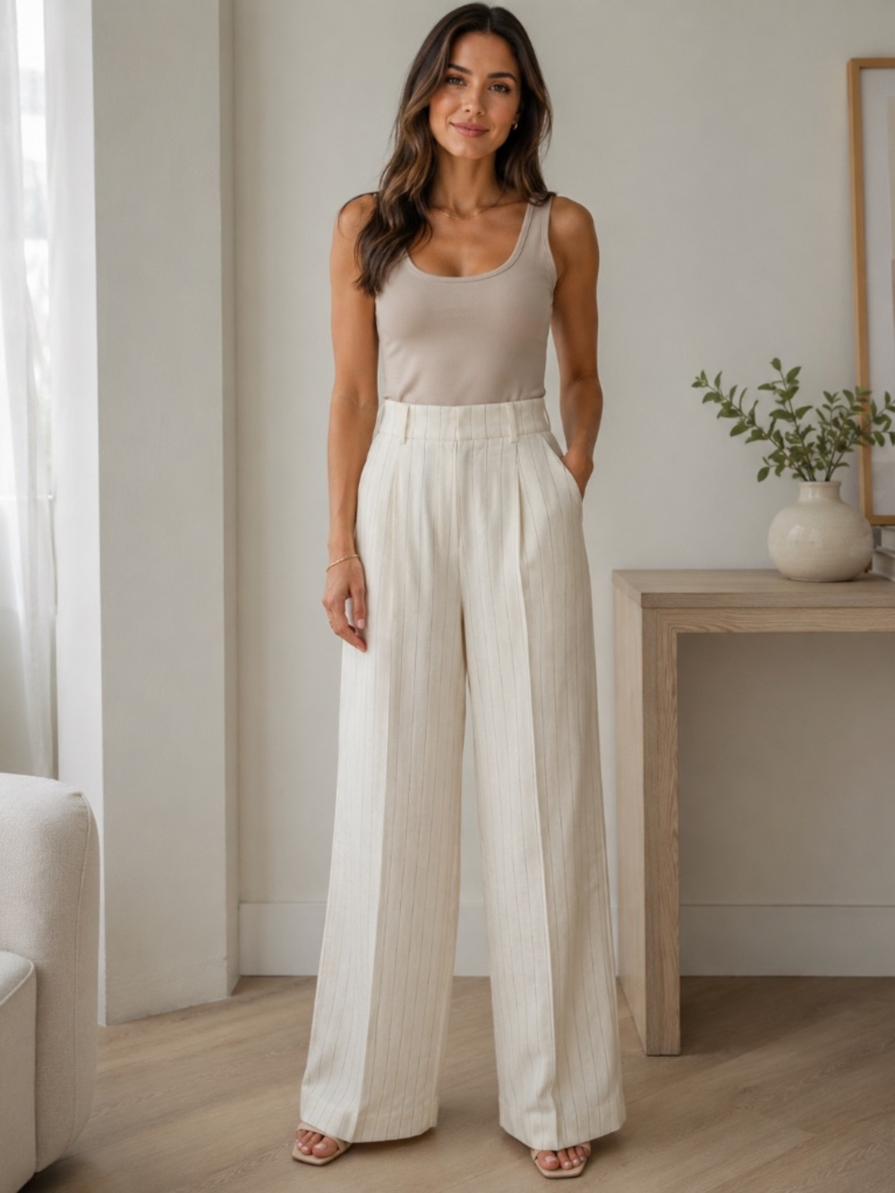 Reiss Pinstripe Wide Leg Pants Women's 4 Ivory High Rise Linen Blend Tailored